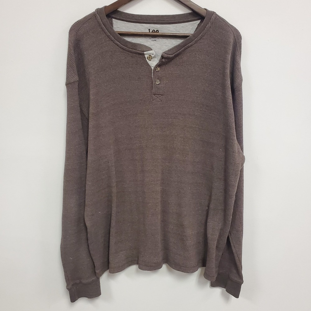 Lee Mens Y2K Long Sleeve Thermal Henley Shirt XL Brown Regular Fit Preppy Layers